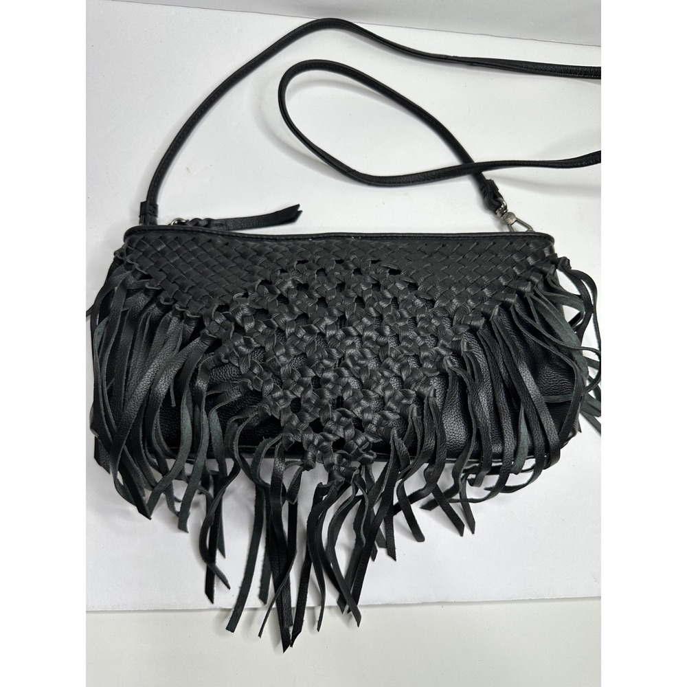 The Sak Filmore Purse Fringe Woven Black Leather Crossbody Clutch - Picture 7 of 16